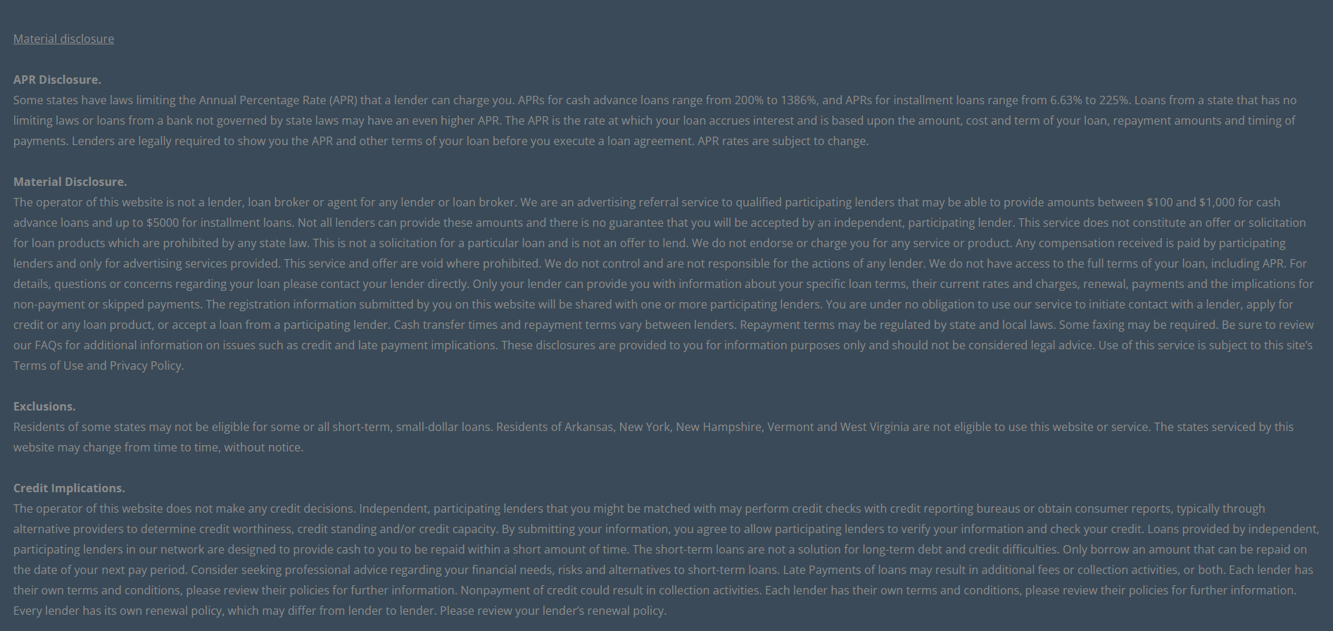 Material disclosure for payday loans in Omaha Nebraska